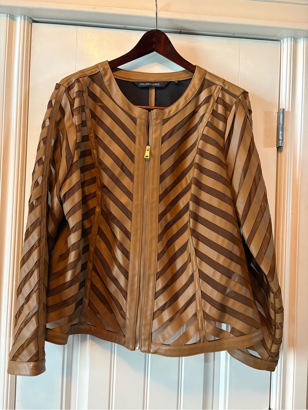 Colleen Lopez Women's Tan Pleather Striped Zip Jacket